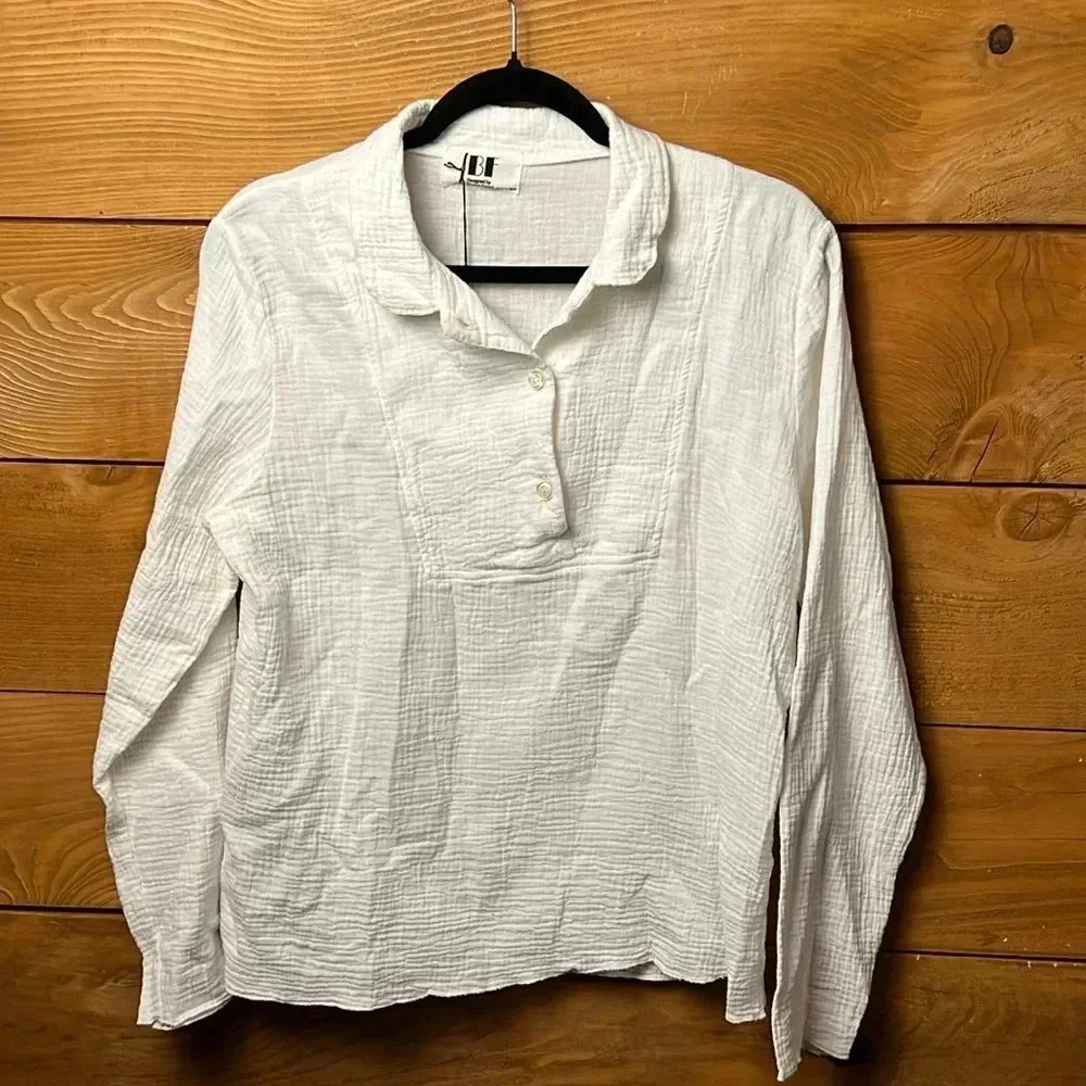 BF Beatriz Furest  women’s blouse long sleeve collared 1/4 button white‎ M boho